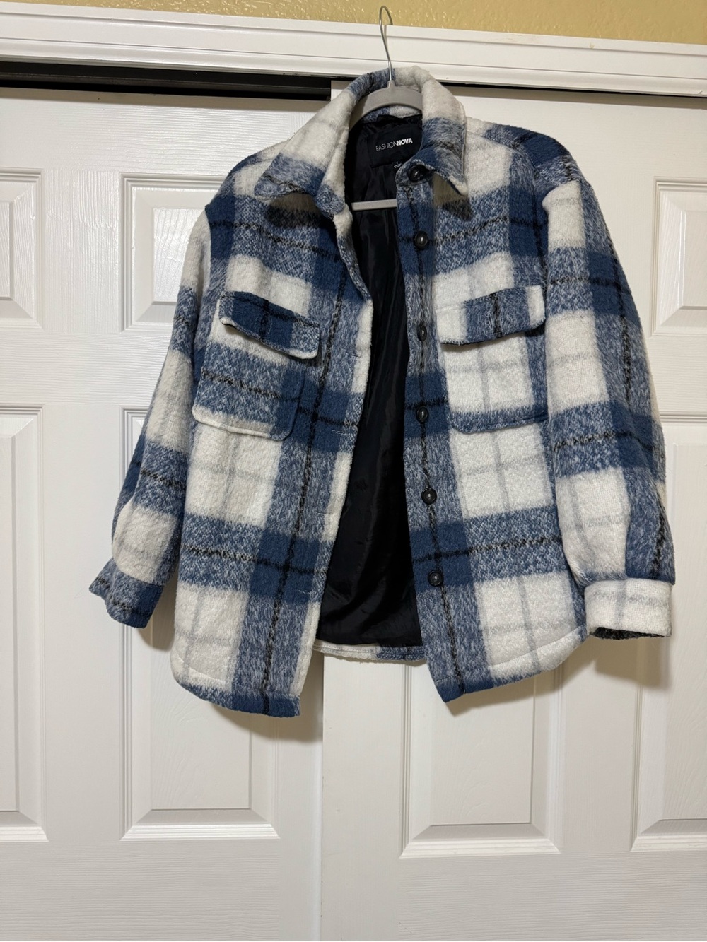 Fashion Nova Checked Blue & White Shacket Jacket